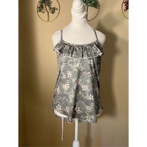 NWT! Chaser Antique Green Tropical Floral Print Ruffle Tank Top Medium